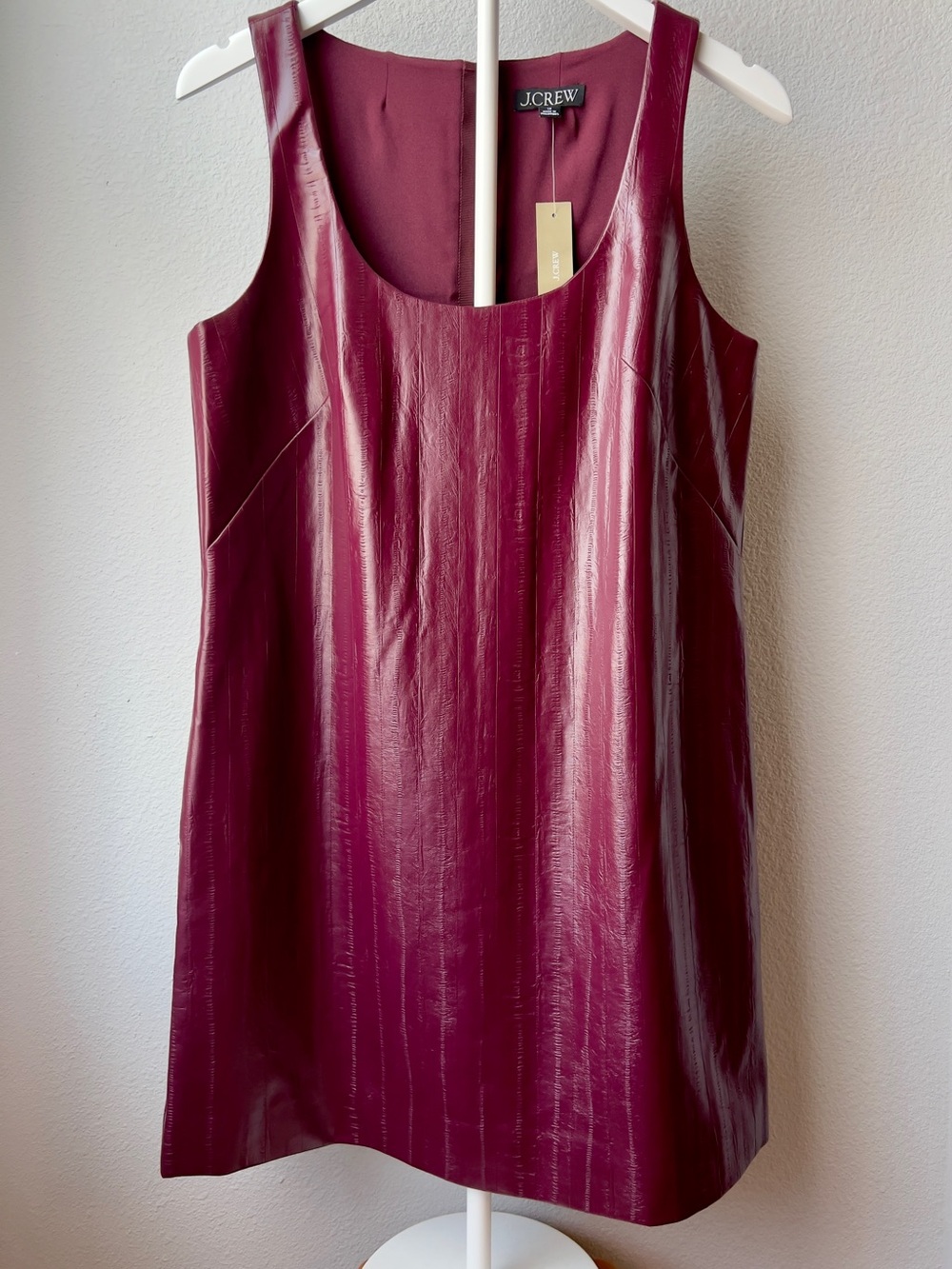J. Crew Burgundy Faux-Leather Mini Dress Hidden Side Pockets NEW
